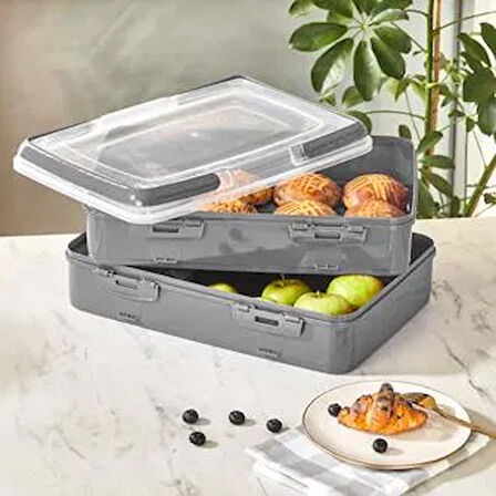 L718 2 Katlı Pasta Taşıma Kabı - Antrasit / Şeffaf