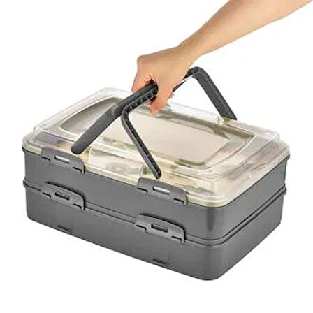 L718 2 Katlı Pasta Taşıma Kabı - Antrasit / Şeffaf