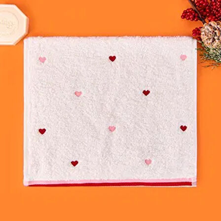 Soft Kalp Nakışlı El Havlusu - Ekru / Kırmızı - 30x50 cm