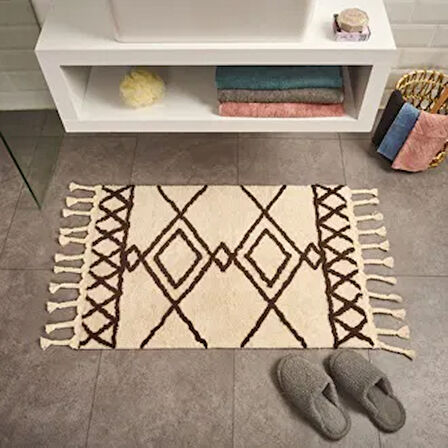 Soft Tufting Çiçekli Banyo Paspası - Ekru - 60x90 cm