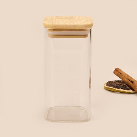 Kare Mantar Kapak Cam Kavanoz - Şeffaf / Açık Kahverengi - 270 ml