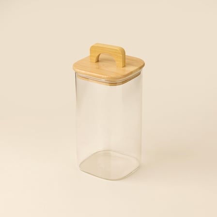 Bambu Kapaklı Kare Cam Kavanoz - Şeffaf / Açık Kahverengi - 1,9 lt