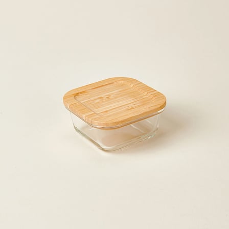 Kitchen Bambu Kapaklı Kare Saklama Kabı - Şeffaf / Açık Kahverengi - 320 ml
