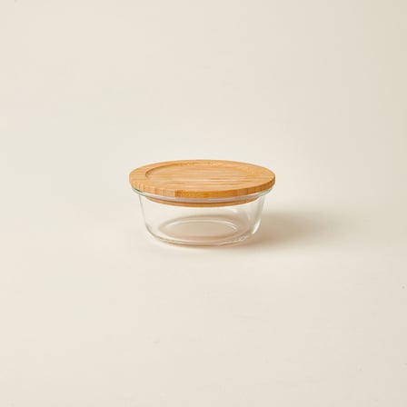 Kitchen Bambu Kapaklı Yuvarlak Saklama Kabı - Şeffaf / Açık Kahverengi - 400 ml