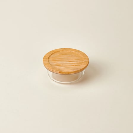 Kitchen Bambu Kapaklı Yuvarlak Saklama Kabı - Şeffaf / Açık Kahverengi - 400 ml