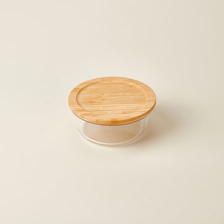 Kitchen Bambu Kapaklı Yuvarlak Saklama Kabı - Şeffaf / Açık Kahverengi - 620 ml