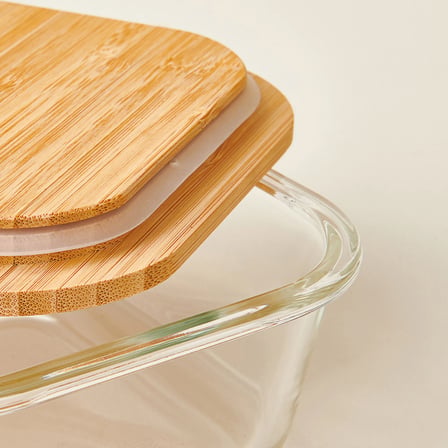 Kitchen Bambu Kapaklı Kare Saklama Kabı - Şeffaf / Açık Kahverengi - 520 ml