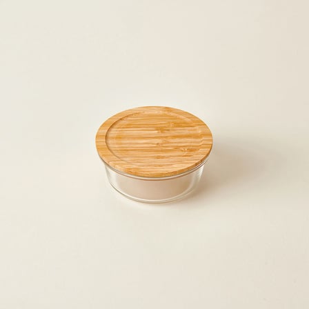 Kitchen Bambu Kapaklı Yuvarlak Saklama Kabı - Şeffaf / Açık Kahverengi - 950 ml