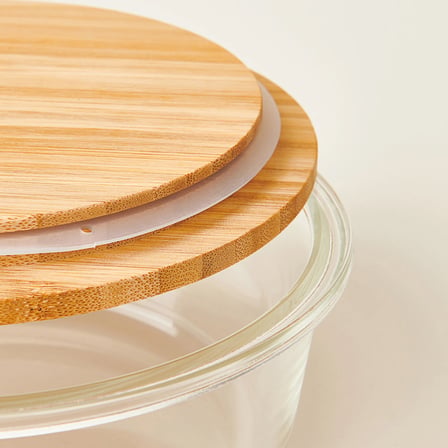 Kitchen Bambu Kapaklı Yuvarlak Saklama Kabı - Şeffaf / Açık Kahverengi - 950 ml