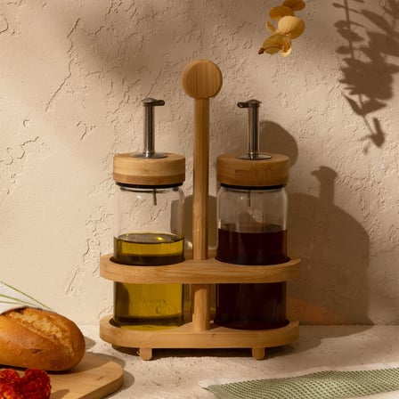 Mima Bambu Stantlı 2'li Küçük Yağdanlık - Şeffaf / Açık Kahverengi - 200 ml
