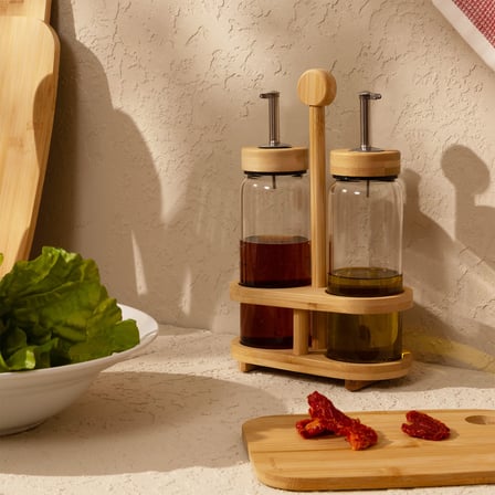 Mima Bambu Stantlı 2'li Küçük Yağdanlık - Şeffaf / Açık Kahverengi - 200 ml