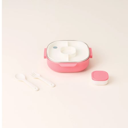 Paslanmaz Çelik 3 Bölmeli Çatal ve Kaşıklı Yemek Taşıma Kabı - Pembe - 700 ml