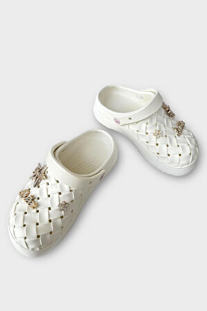 Kadın Taşlı Comfort Hafif Yüksek Taban Yazlık Sandalet Terlik BEYAZ