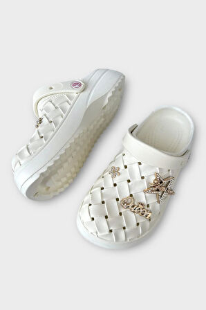 Kadın Taşlı Comfort Hafif Yüksek Taban Yazlık Sandalet Terlik BEYAZ