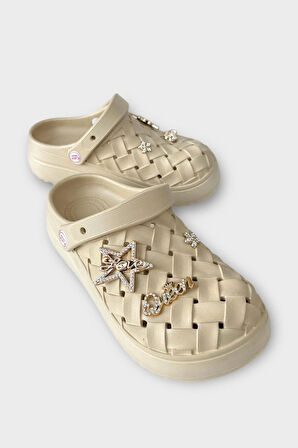 Kadın Taşlı Comfort Hafif Yüksek Taban Yazlık Sandalet Terlik BEJ