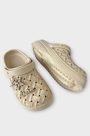 Kadın Taşlı Comfort Hafif Yüksek Taban Yazlık Sandalet Terlik BEJ