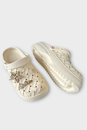 Kadın Taşlı Comfort Hafif Yüksek Taban Yazlık Sandalet Terlik KREM