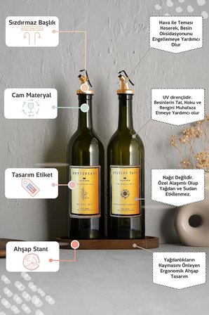 Ahşap Stantlı Amber Gold 2'li 750 Ml Zeytinyağı Sıvıyağ Şişesi Yağdanlık Yağlık 750stantlıg