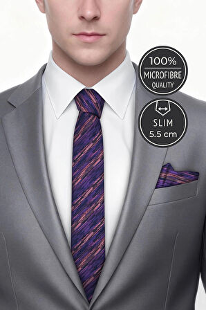Slim Çizgili Mor Kravat & Mendil