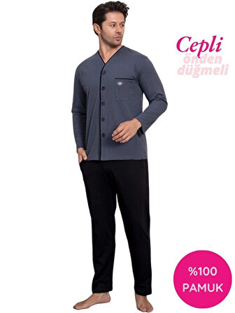 Erkek V Yaka Önden Düğmeli Göğüs Cepli %100 Pamuk Uzun Kol Cepli Pijama Takımı-Dede Hastane Pijaması