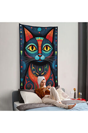 Pablo Picasso Tarzı - Soyut Renkli Kedi Duvar Örtüsü-7512