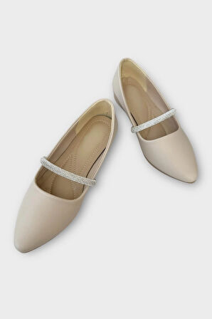 Kadın Bantlı Taş Detay Babet Ayakkabı BEJ