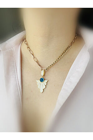 Beyaz Yükselen Nazar Boncuğu Gold Klipsli Kolye Ucu & Ajda Bilezik Charm | 925 Ayar Gümüş