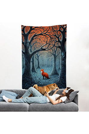 Soyut Ormandaki Sarı Tilki Duvar Örtüsü-7514