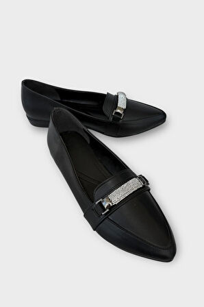 Kadın Taş Detay Sivri Burun Babet Ayakkabı SİYAH