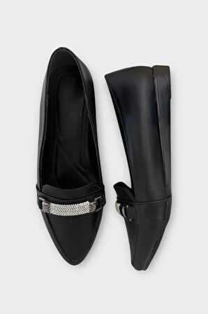 Kadın Taş Detay Sivri Burun Babet Ayakkabı SİYAH