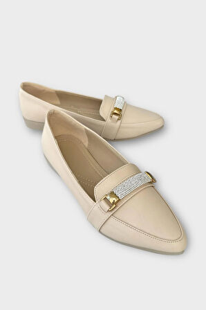 Kadın Taş Detay Sivri Burun Babet Ayakkabı BEJ