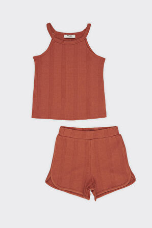 Kız Çocuk Dokulu Örme Triko Takım Kiremit