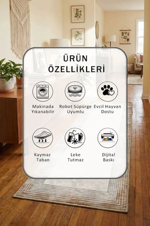 Yıkanabilir Kaymaz Dijital Baskılı Yolluk Halı Tüy Tutmaz Açık Gri