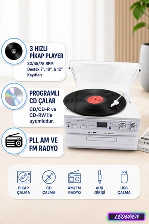 Kn-140 Nostaljik Plak Çalar - Bluetooth, CD Çalar, USB, FM Radyo Destekli Çok Fonksiyonlu Müzik Kutusu