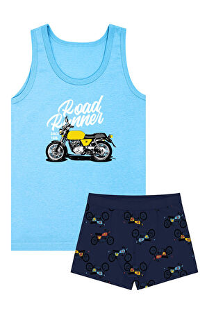 Öts Erkek Çocuk Atlet Boxer Likralı Mavi Motosiklet (%96 Pamuk - %4 Elastan)