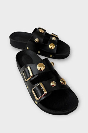 Kadın Çift Bantlı Toka Detaylı Günlük Konfor Terlik SİYAH