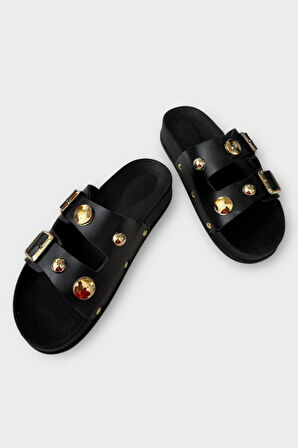 Kadın Çift Bantlı Toka Detaylı Günlük Konfor Terlik SİYAH