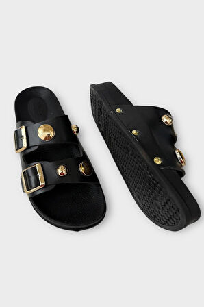 Kadın Çift Bantlı Toka Detaylı Günlük Konfor Terlik SİYAH