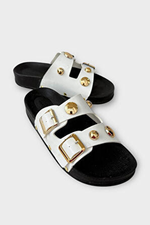 Kadın Çift Bantlı Toka Detaylı Günlük Konfor Terlik BEYAZ