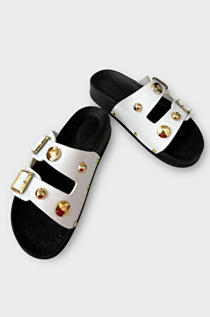 Kadın Çift Bantlı Toka Detaylı Günlük Konfor Terlik BEYAZ