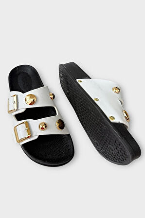 Kadın Çift Bantlı Toka Detaylı Günlük Konfor Terlik BEYAZ