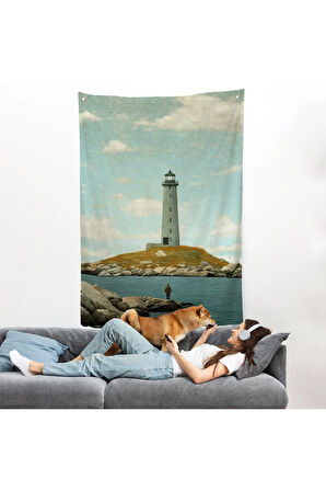 Deniz Fenerini İzleyen Yalnız Adam Duvar Örtüsü-7521