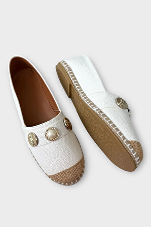 Kadın Espadril Tokalı Babet Ayakkabı BEYAZ