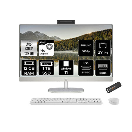 HP 27-CR0004NT i7 1355U 12GB 1TB SSD Intel Graphics 27" FHD IPS W11H All In One PC Beyaz & PER4