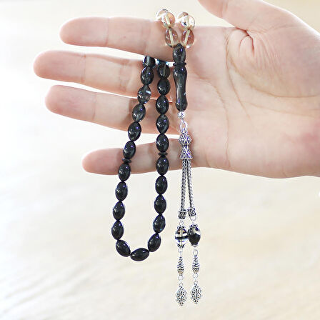 925 Ayar Gümüş Çift Püsküllü Arpa Kesim Süzme Siyah-Beyaz Ateş Kehribar Tesbih