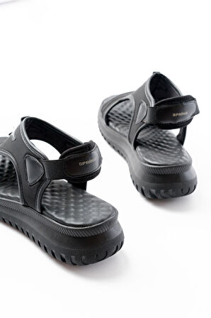 T-221 Siyah Spring Paraşüt Kumaş Lastikli Ortopedik Kadın Sandalet 