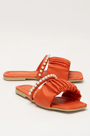 Kadın İnci Taşlı Büzgülü Terlik TURUNCU