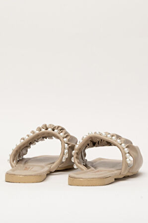 Kadın İnci Taşlı Büzgülü Terlik BEJ