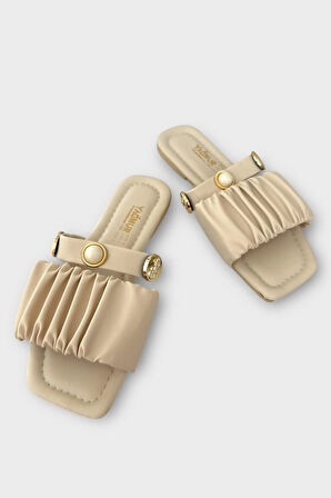 Kadın İnci Taşlı Büzgülü Terlik KREM