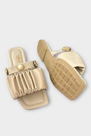 Kadın İnci Taşlı Büzgülü Terlik KREM